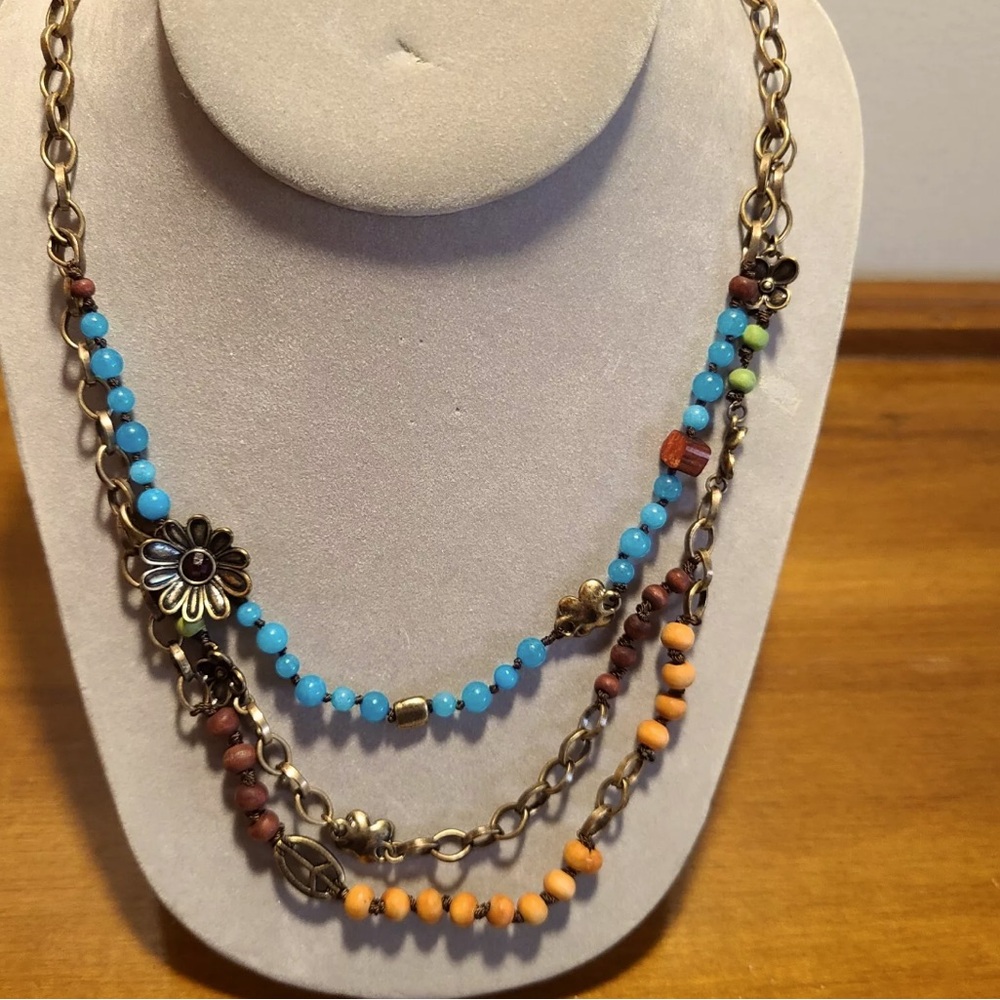 Lucky Brand 3 Strand Layered Necklace Blue/Green Beads